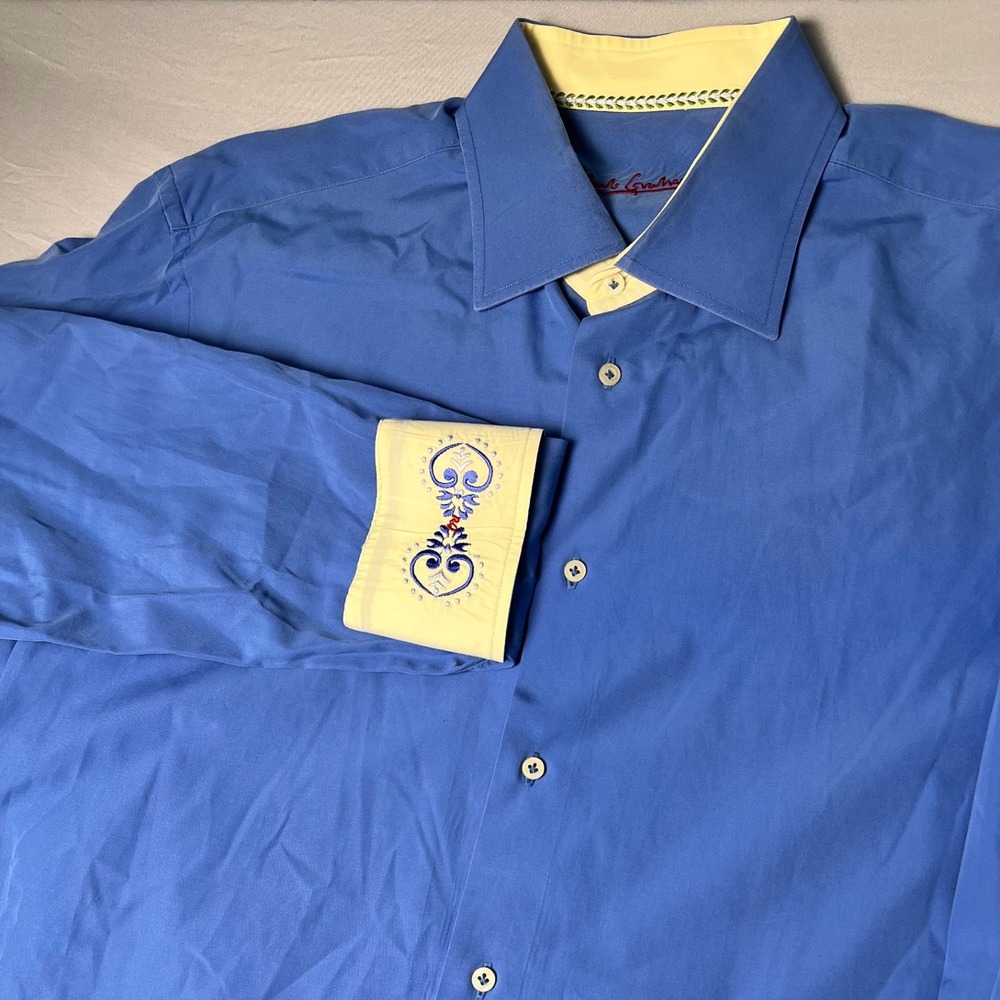 Robert Graham Mens Blue Embroidered Flip Cuff Button Down Shirt Size L XL 17